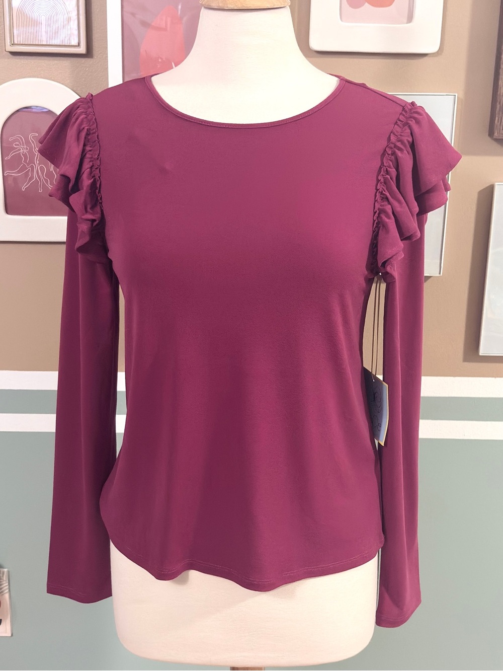 Cece Berry Ruffle-Shoulder Long Sleeve Top - NWT